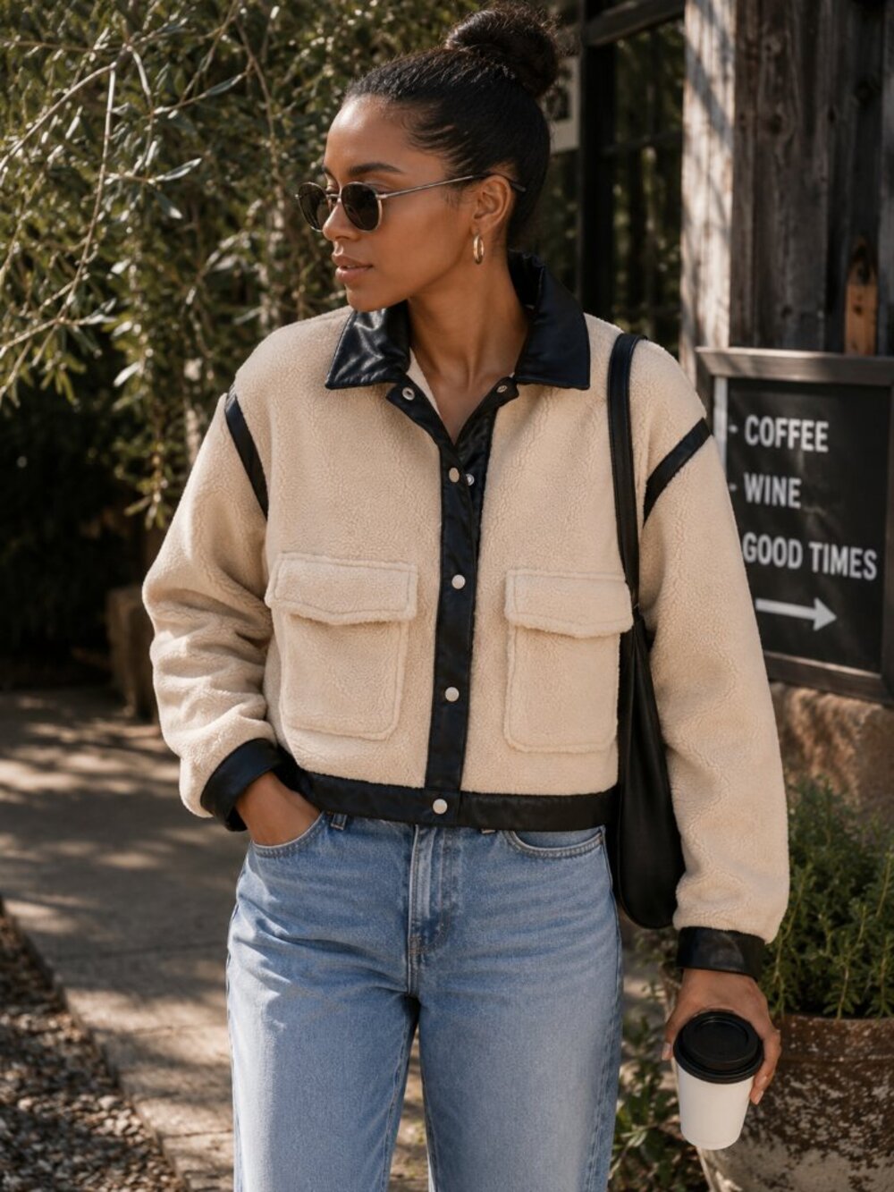 Madden Girl Cream Teddy Jacket with Black Trim
